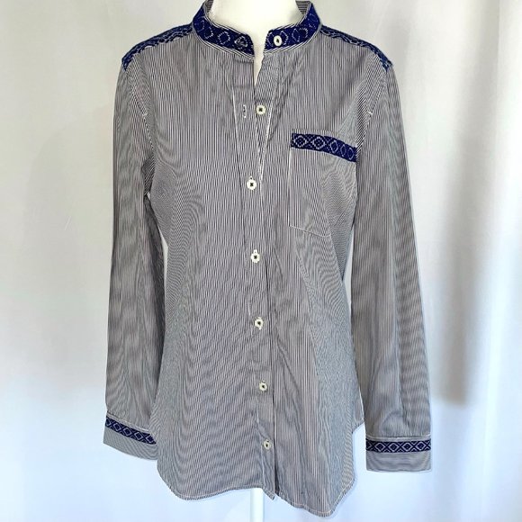 New C Wonder Embroidered Striped Collarless Button Down Shirt Indigo Size XS - Picture 8 of 16